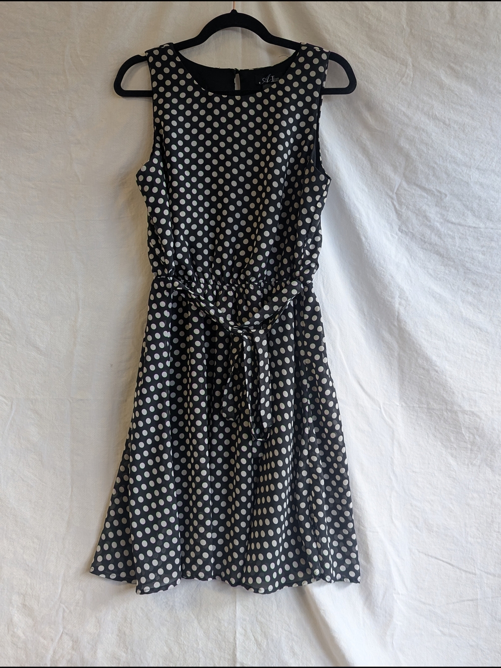 Sleeveless Black Polka Dot Midi Dress with Tie Waist